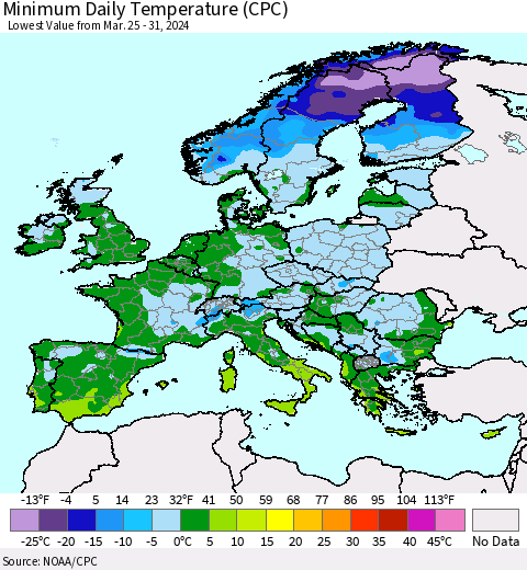 Europe Minimum Daily Temperature (CPC) Thematic Map For 3/25/2024 - 3/31/2024