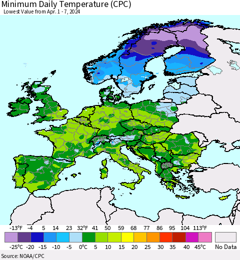 Europe Minimum Daily Temperature (CPC) Thematic Map For 4/1/2024 - 4/7/2024