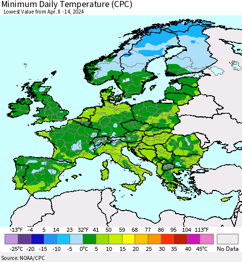 Europe Minimum Daily Temperature (CPC) Thematic Map For 4/8/2024 - 4/14/2024
