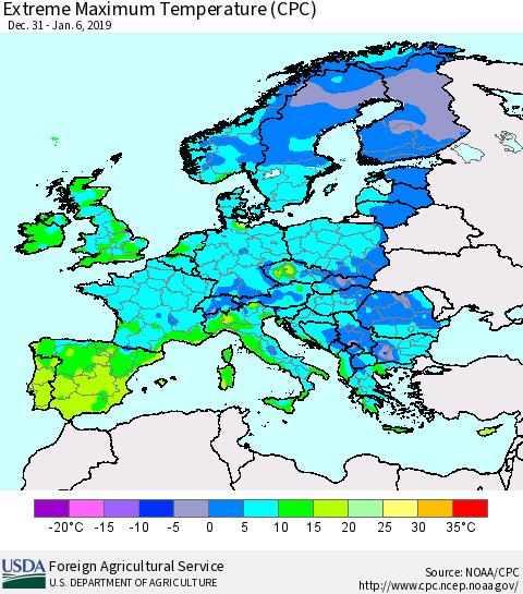 Europe Maximum Daily Temperature (CPC) Thematic Map For 12/31/2018 - 1/6/2019