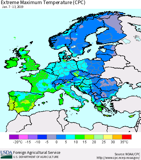 Europe Maximum Daily Temperature (CPC) Thematic Map For 1/7/2019 - 1/13/2019