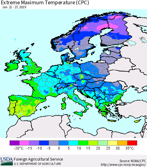 Europe Maximum Daily Temperature (CPC) Thematic Map For 1/21/2019 - 1/27/2019