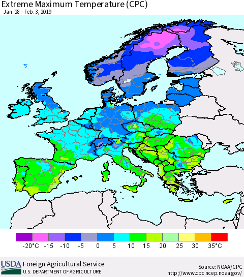 Europe Maximum Daily Temperature (CPC) Thematic Map For 1/28/2019 - 2/3/2019