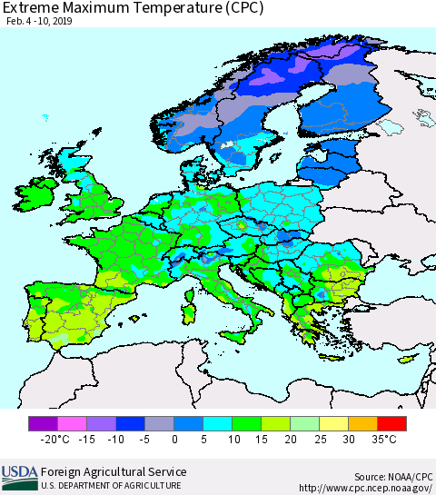 Europe Maximum Daily Temperature (CPC) Thematic Map For 2/4/2019 - 2/10/2019