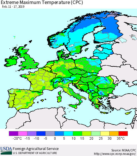 Europe Maximum Daily Temperature (CPC) Thematic Map For 2/11/2019 - 2/17/2019