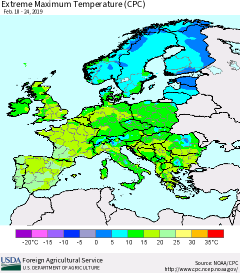Europe Maximum Daily Temperature (CPC) Thematic Map For 2/18/2019 - 2/24/2019
