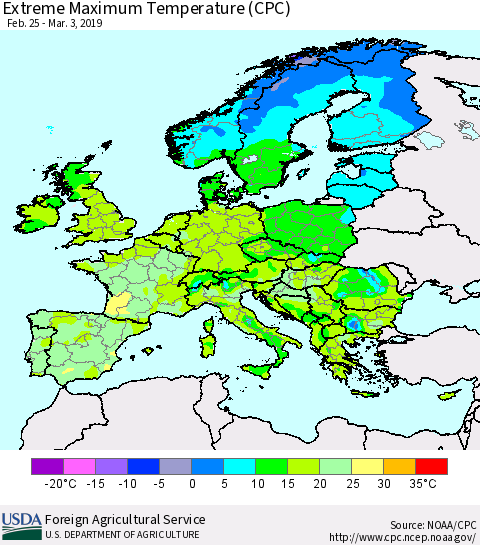 Europe Maximum Daily Temperature (CPC) Thematic Map For 2/25/2019 - 3/3/2019