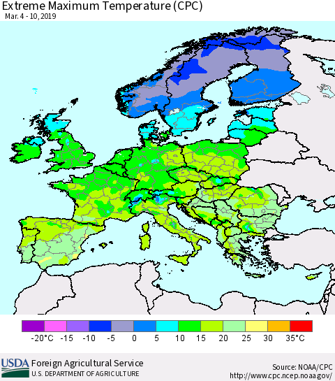 Europe Maximum Daily Temperature (CPC) Thematic Map For 3/4/2019 - 3/10/2019