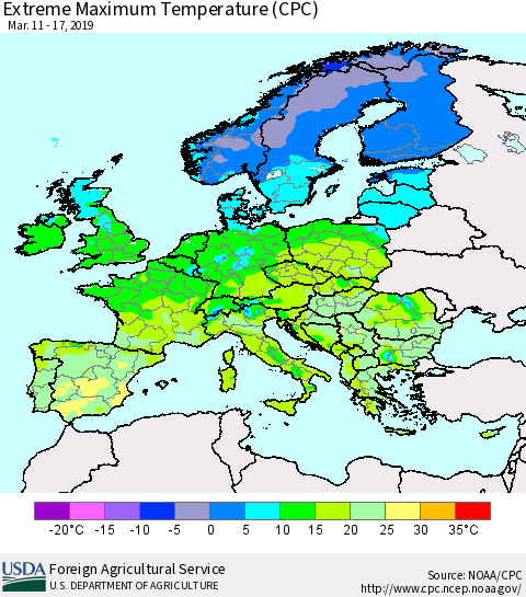 Europe Maximum Daily Temperature (CPC) Thematic Map For 3/11/2019 - 3/17/2019