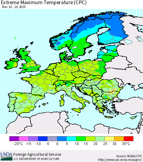 Europe Maximum Daily Temperature (CPC) Thematic Map For 3/18/2019 - 3/24/2019