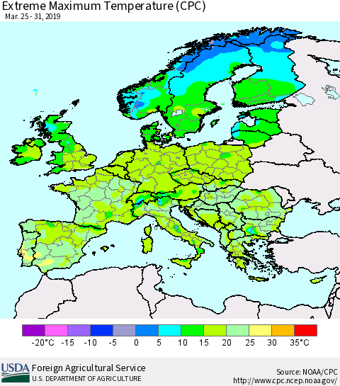 Europe Maximum Daily Temperature (CPC) Thematic Map For 3/25/2019 - 3/31/2019