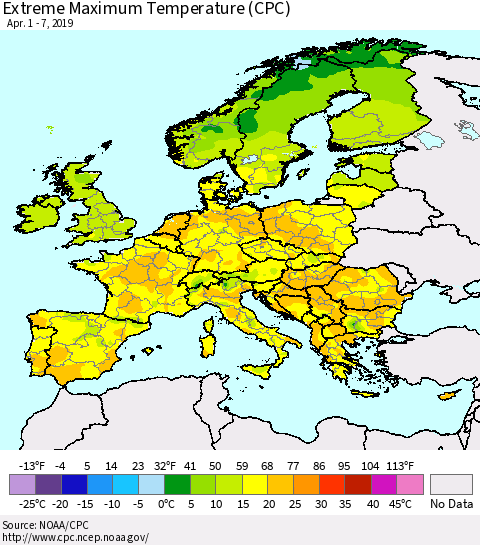 Europe Maximum Daily Temperature (CPC) Thematic Map For 4/1/2019 - 4/7/2019