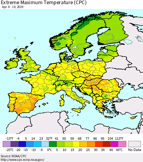 Europe Maximum Daily Temperature (CPC) Thematic Map For 4/8/2019 - 4/14/2019