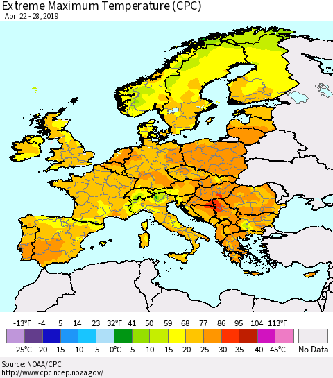 Europe Maximum Daily Temperature (CPC) Thematic Map For 4/22/2019 - 4/28/2019