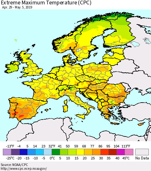 Europe Maximum Daily Temperature (CPC) Thematic Map For 4/29/2019 - 5/5/2019