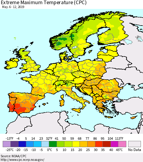 Europe Maximum Daily Temperature (CPC) Thematic Map For 5/6/2019 - 5/12/2019