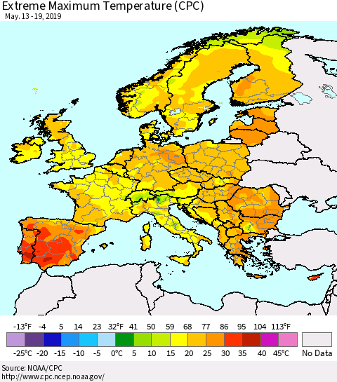 Europe Maximum Daily Temperature (CPC) Thematic Map For 5/13/2019 - 5/19/2019