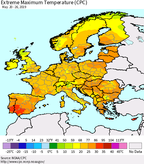 Europe Maximum Daily Temperature (CPC) Thematic Map For 5/20/2019 - 5/26/2019