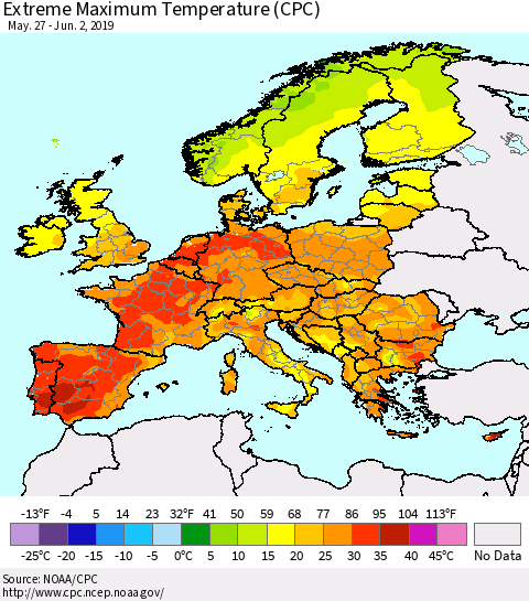 Europe Maximum Daily Temperature (CPC) Thematic Map For 5/27/2019 - 6/2/2019
