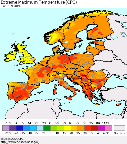Europe Maximum Daily Temperature (CPC) Thematic Map For 6/3/2019 - 6/9/2019