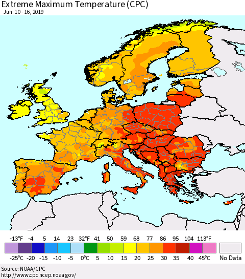 Europe Maximum Daily Temperature (CPC) Thematic Map For 6/10/2019 - 6/16/2019