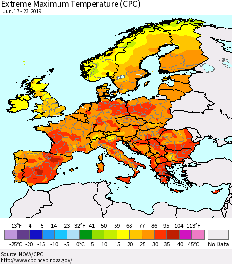 Europe Maximum Daily Temperature (CPC) Thematic Map For 6/17/2019 - 6/23/2019