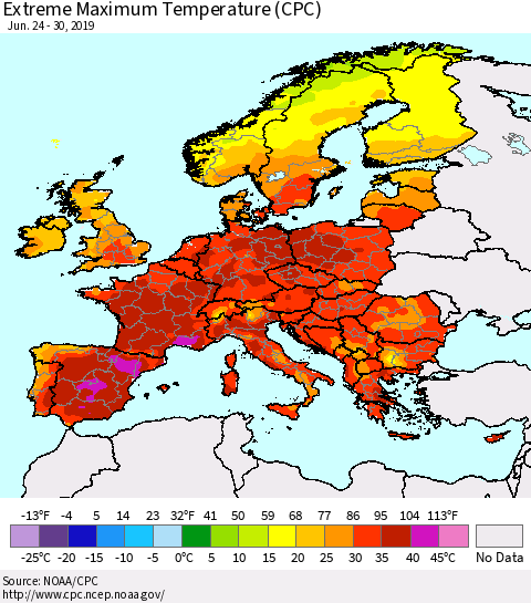 Europe Maximum Daily Temperature (CPC) Thematic Map For 6/24/2019 - 6/30/2019