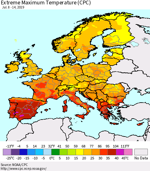 Europe Maximum Daily Temperature (CPC) Thematic Map For 7/8/2019 - 7/14/2019