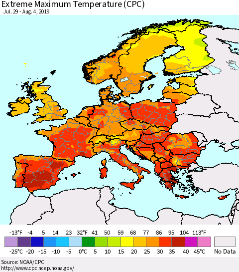 Europe Maximum Daily Temperature (CPC) Thematic Map For 7/29/2019 - 8/4/2019