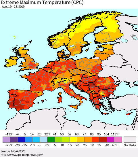 Europe Maximum Daily Temperature (CPC) Thematic Map For 8/19/2019 - 8/25/2019