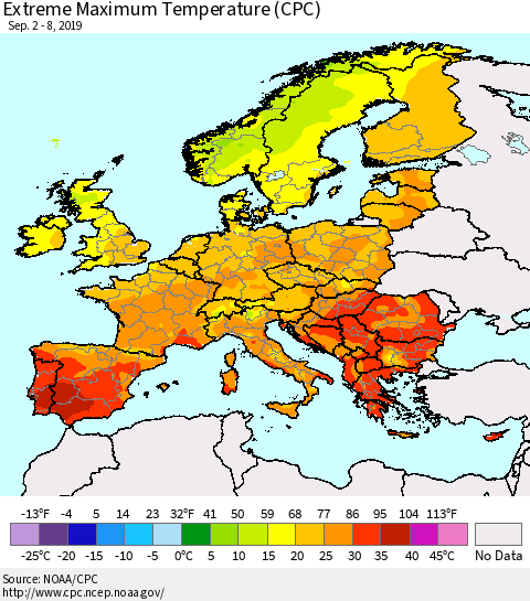 Europe Maximum Daily Temperature (CPC) Thematic Map For 9/2/2019 - 9/8/2019