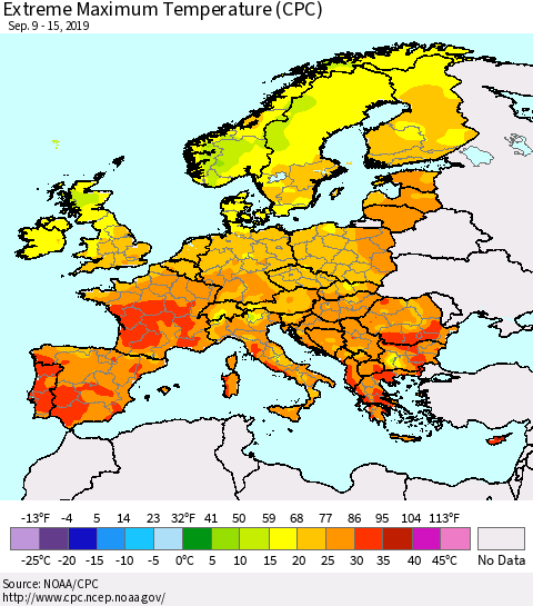 Europe Maximum Daily Temperature (CPC) Thematic Map For 9/9/2019 - 9/15/2019