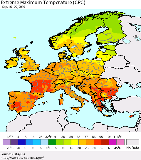 Europe Maximum Daily Temperature (CPC) Thematic Map For 9/16/2019 - 9/22/2019