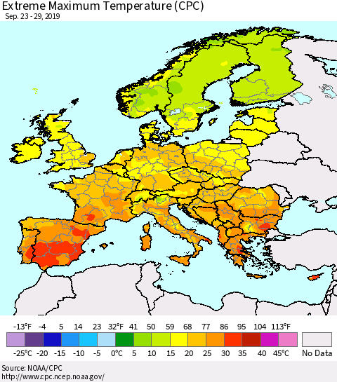 Europe Maximum Daily Temperature (CPC) Thematic Map For 9/23/2019 - 9/29/2019