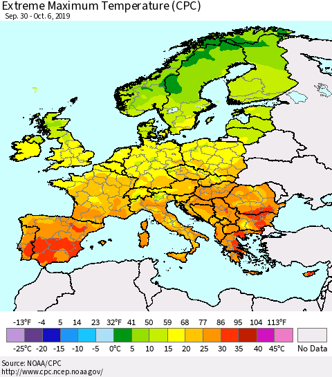 Europe Maximum Daily Temperature (CPC) Thematic Map For 9/30/2019 - 10/6/2019