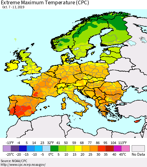 Europe Maximum Daily Temperature (CPC) Thematic Map For 10/7/2019 - 10/13/2019