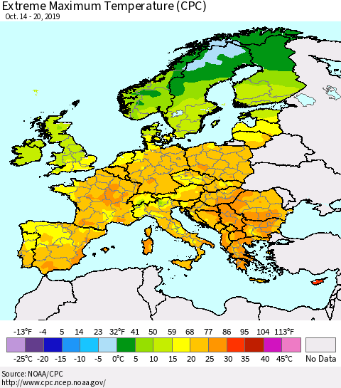 Europe Maximum Daily Temperature (CPC) Thematic Map For 10/14/2019 - 10/20/2019