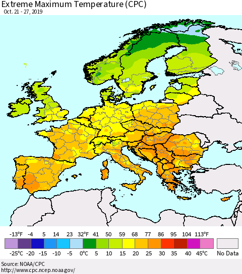 Europe Maximum Daily Temperature (CPC) Thematic Map For 10/21/2019 - 10/27/2019