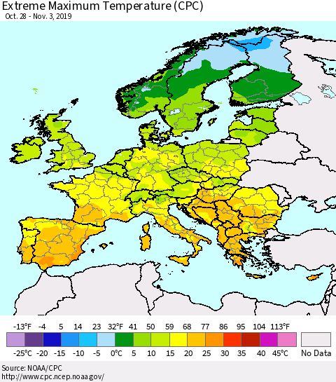 Europe Maximum Daily Temperature (CPC) Thematic Map For 10/28/2019 - 11/3/2019