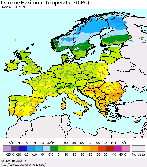 Europe Maximum Daily Temperature (CPC) Thematic Map For 11/4/2019 - 11/10/2019