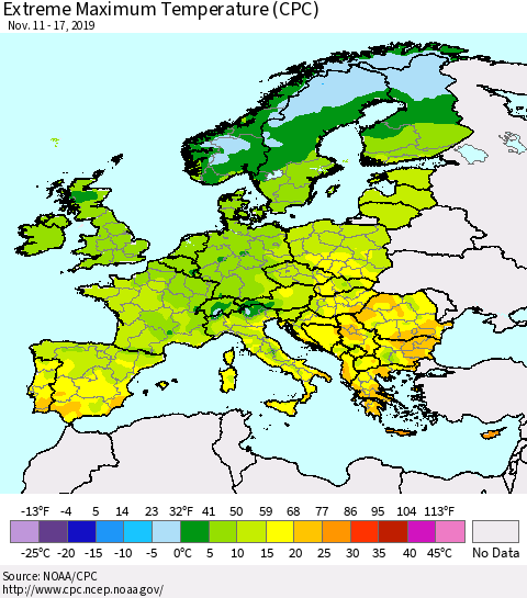 Europe Maximum Daily Temperature (CPC) Thematic Map For 11/11/2019 - 11/17/2019