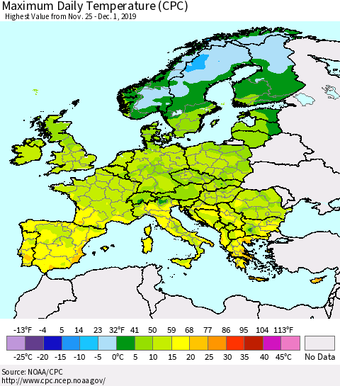 Europe Maximum Daily Temperature (CPC) Thematic Map For 11/25/2019 - 12/1/2019