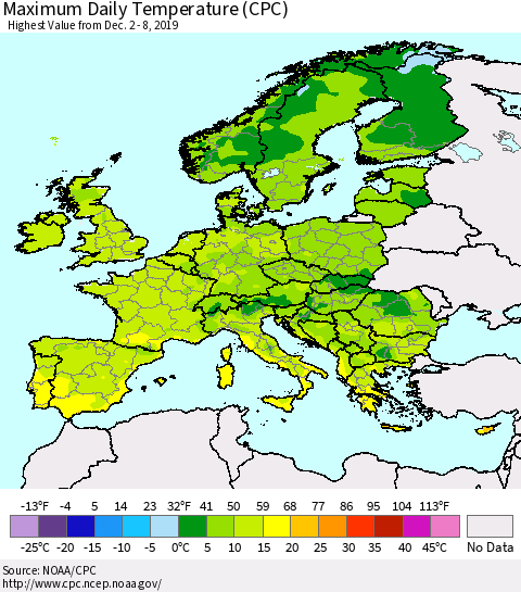 Europe Maximum Daily Temperature (CPC) Thematic Map For 12/2/2019 - 12/8/2019