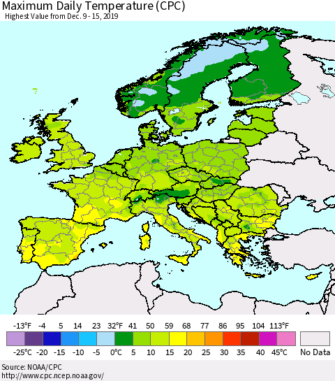 Europe Maximum Daily Temperature (CPC) Thematic Map For 12/9/2019 - 12/15/2019