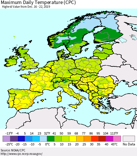 Europe Maximum Daily Temperature (CPC) Thematic Map For 12/16/2019 - 12/22/2019