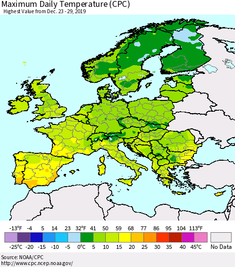 Europe Maximum Daily Temperature (CPC) Thematic Map For 12/23/2019 - 12/29/2019