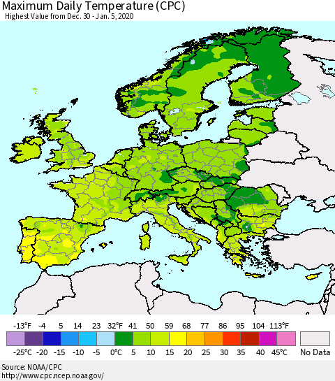 Europe Maximum Daily Temperature (CPC) Thematic Map For 12/30/2019 - 1/5/2020