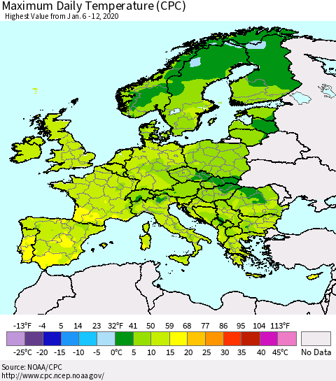 Europe Maximum Daily Temperature (CPC) Thematic Map For 1/6/2020 - 1/12/2020