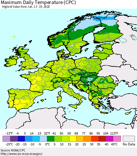 Europe Maximum Daily Temperature (CPC) Thematic Map For 1/13/2020 - 1/19/2020