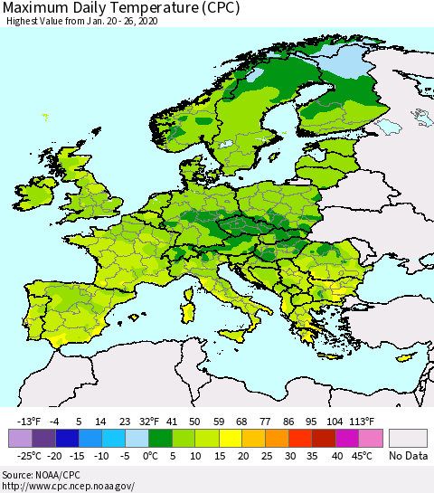 Europe Maximum Daily Temperature (CPC) Thematic Map For 1/20/2020 - 1/26/2020